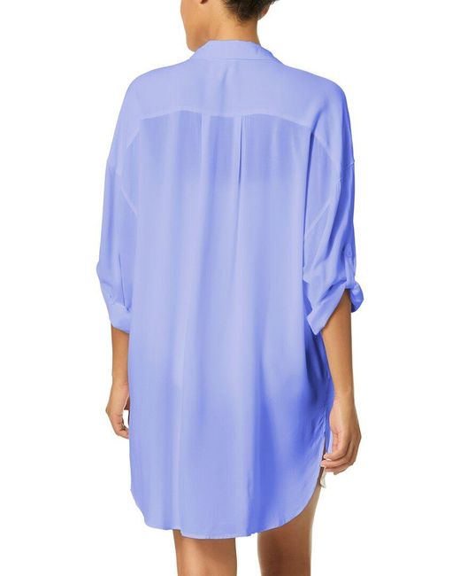 Anne Cole Blue Mid Length Shirttail Button Down Top