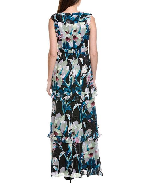 Adrianna Papell Blue Floral Chiffon High-Low Ruffle Gown