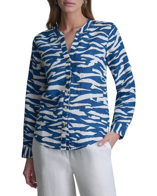 DKNY Blue Printed Linen Roll Tab Shirt