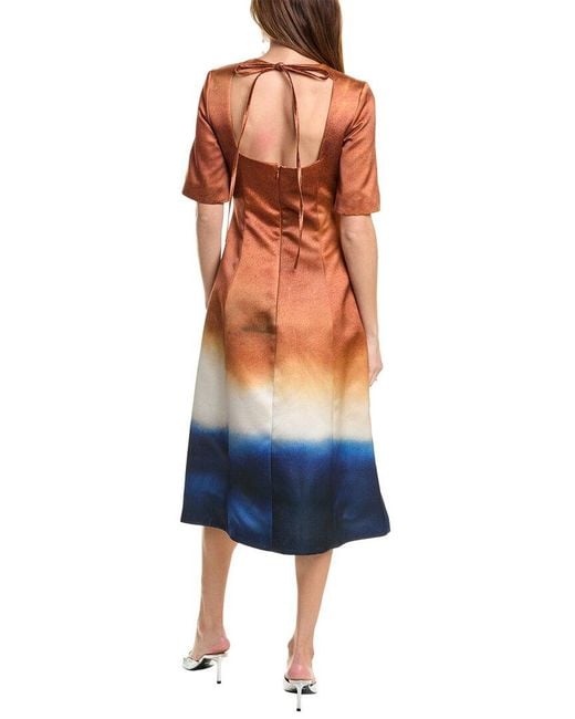 Oscar de la Renta Blue Abstract Ombre Silk-Lined Midi Dress