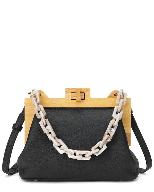 Tiffany & Fred Paris Black Full-grain Leather & Real Wood Frame Shoulder Bag