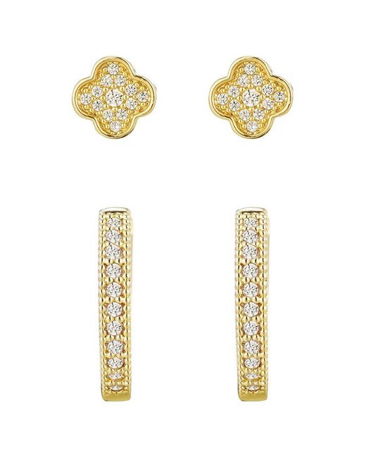 Adornia Metallic 14K Plated Cz Huggie & Clover Stud Earring Set