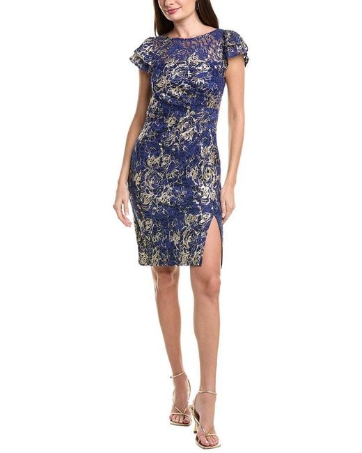 Adrianna Papell Blue Foil Lace Sheath Dress