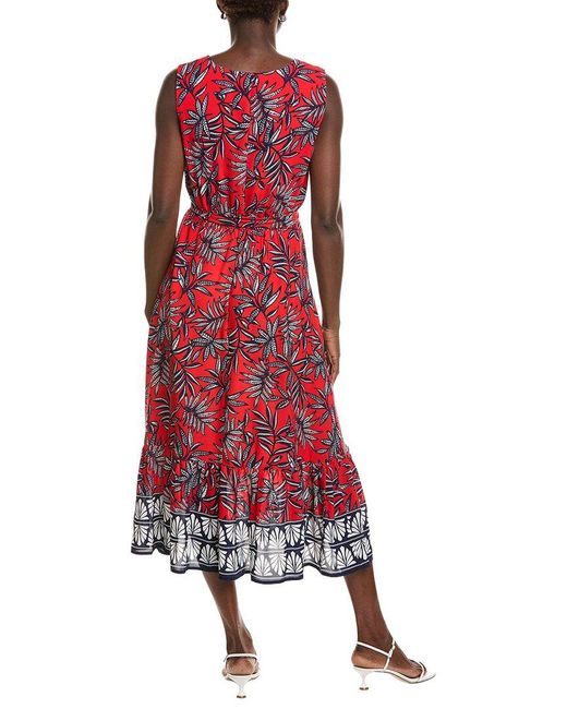 Jones New York Red V-Neck Sleeveless Smocked Waist Midi Dress