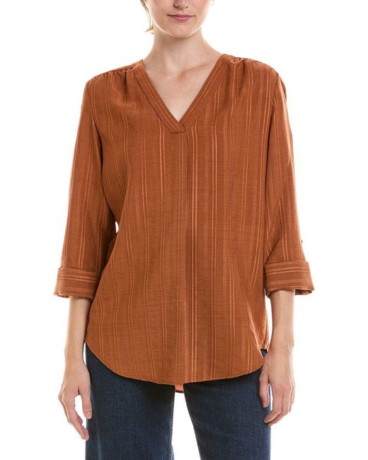 Jones New York Brown Roll Tab Pleat Front Woven Top