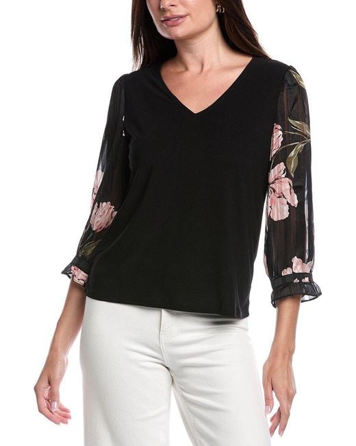 Cece Black Long Sleeve Mixed Media Top