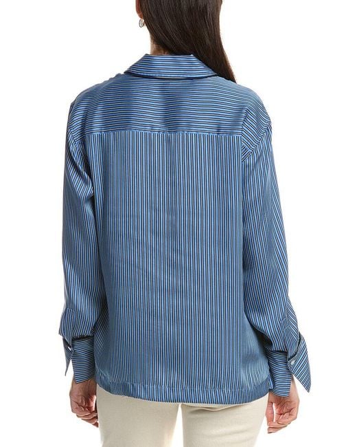 10 Crosby Derek Lam Blue Lorina Boarder Stripe Satin Twill Shirt With Piping