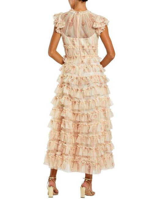 Mac Duggal Natural Printed Mesh Short Sleeve Micro Ruffle Midi Dress