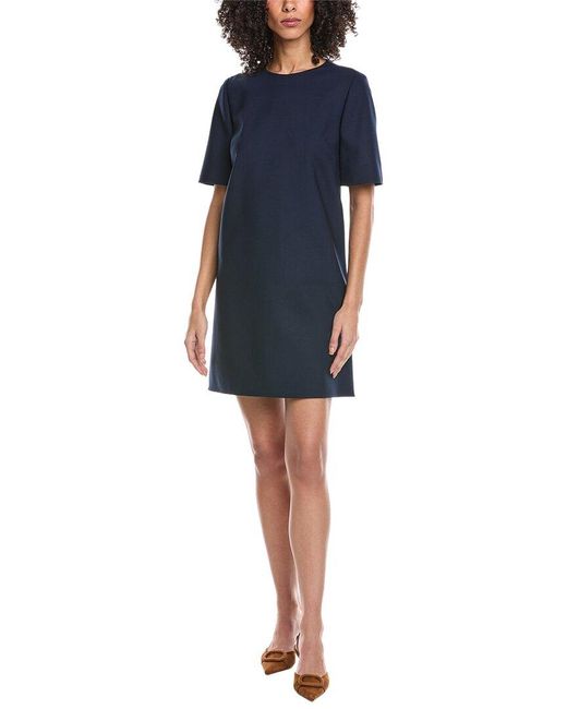 Oscar de la Renta Blue Solid Silk-Lined Wool-Blend Shift Dress