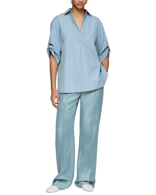 Lafayette 148 New York Blue Tab Sleeve Popover Shirt
