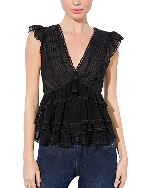Alice + Olivia Black Blanche V Neck Ruffle Silk-Blend Swing Top