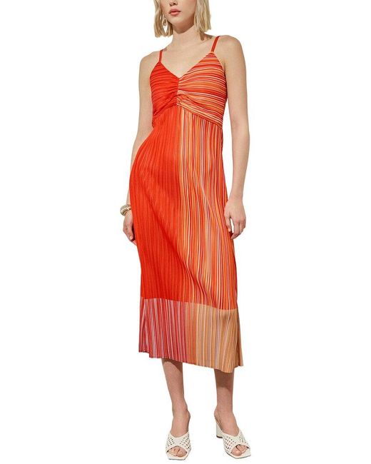 Ming Wang Red Fine Pleat Crepe De Chine Dress