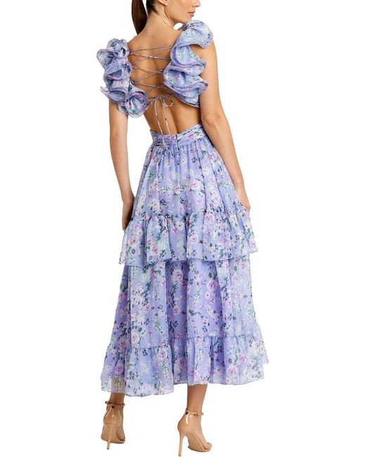 Mac Duggal Blue Ruffle Tiered Cut-Out Floral Chiffon Dress