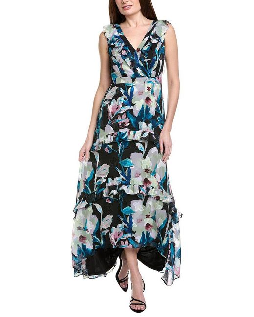 Adrianna Papell Blue Floral Chiffon High-Low Ruffle Gown