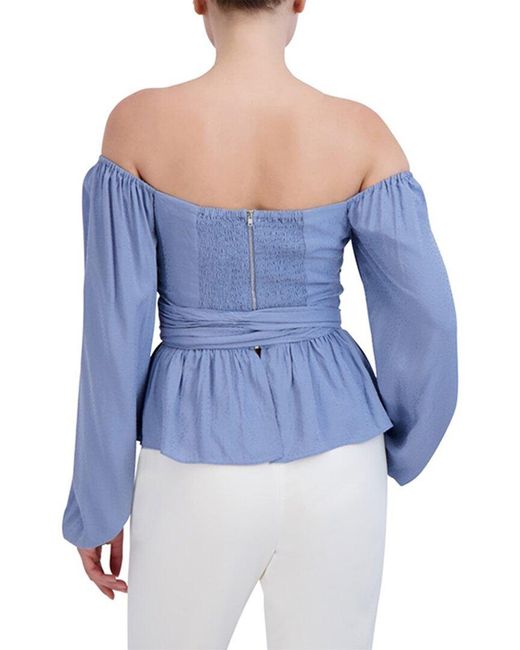 BCBGMAXAZRIA Blue Fitted Peplum Top Off The Shoulder Long Sleeve Sweetheart Neck Smocked Back Bodice Shirt