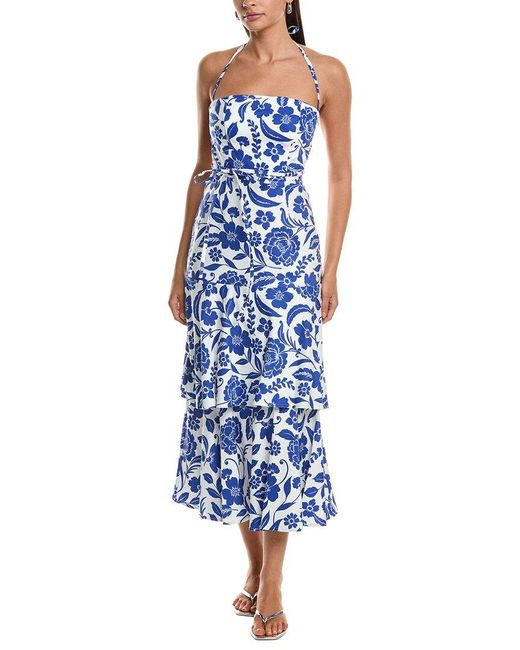 MILLY Blue Flowers Of Spain Linen-Blend Midi Dress