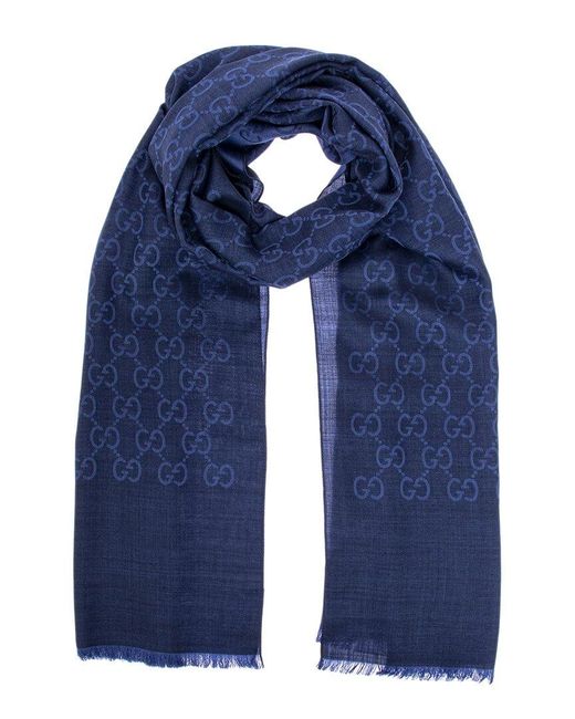 Gucci Blue Wool & Silk-blend Scarf Shawl