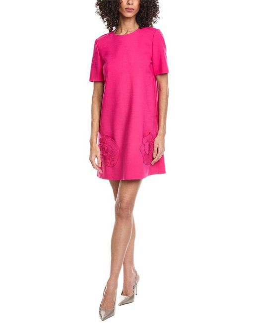 Oscar de la Renta Pink Floral Detail Wool-Blend Shift Dress