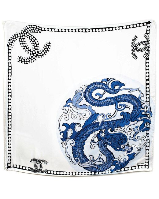 Chanel White Limited Edition Dragon Print Silk Scarf (Authentic Pre-Owned)