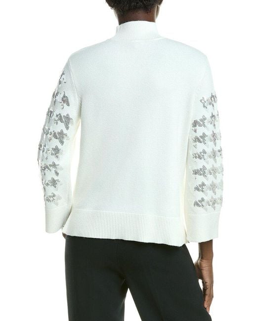 Anne Klein White Sequin Houndstooth Mock Neck Sweater