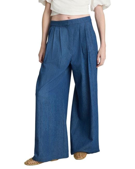 Kenneth Cole Blue High-Rise Fly Front Triple Pleat Wide Leg Chambray Pant