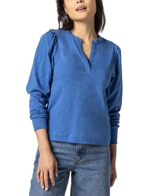 Lilla P Blue Shirred Split Neck T-shirt