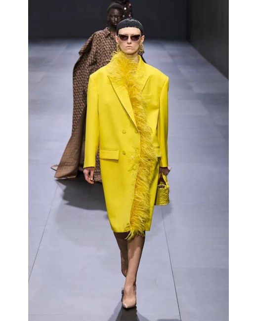 Valentino Feather-trimmed Virgin Wool Trench Coat in Yellow | Lyst