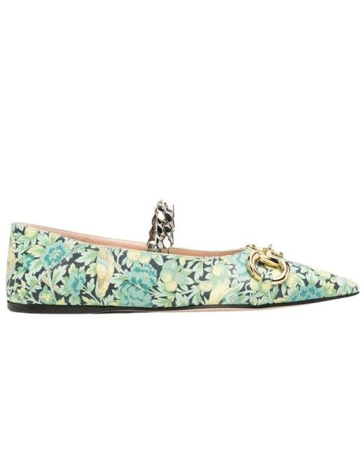 Gucci Green Floral Horsebit Ballerina Shoes