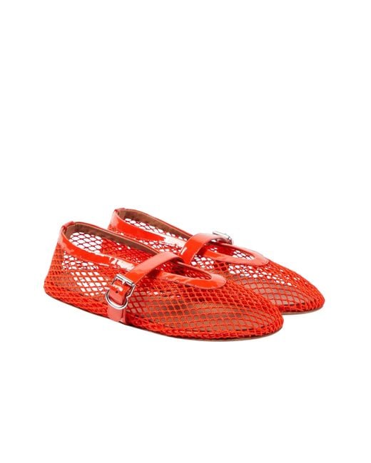 Alaïa Red Leather-trimmed Fishnet Ballet Flats
