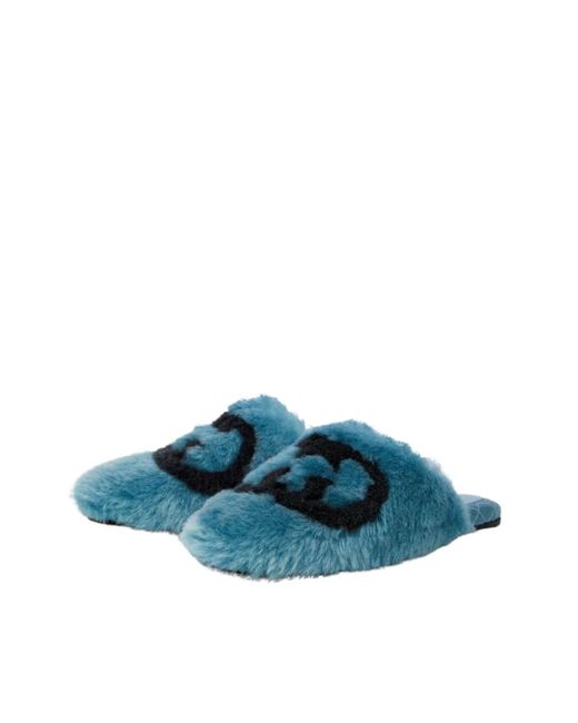 Gucci Interlocking G Faux Fur Slippers In Blue