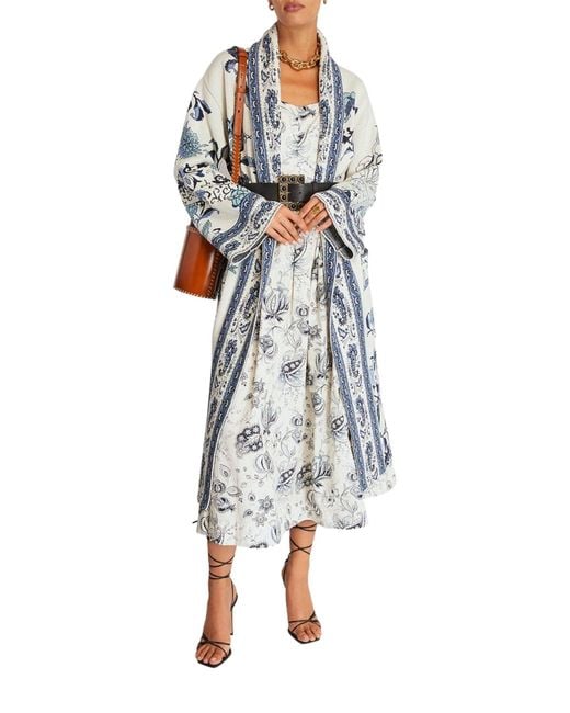 Etro Blue Floral Print Wrap Coat
