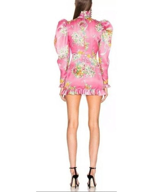 Alessandra Rich Pink Floral Puff-sleeve Silk Mini Dress