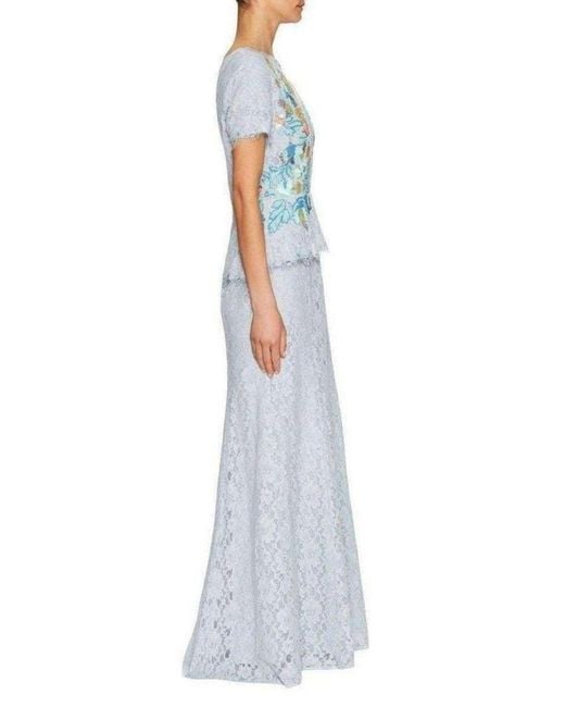 BCBGMAXAZRIA Blue Anaya Lace Peplum Sequin Detail Gown