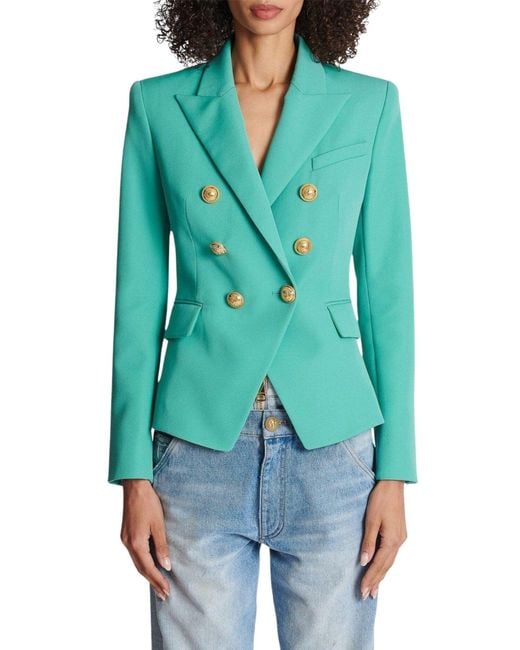 Balmain Green Peak Lapels Wool Double Breasted Blazer