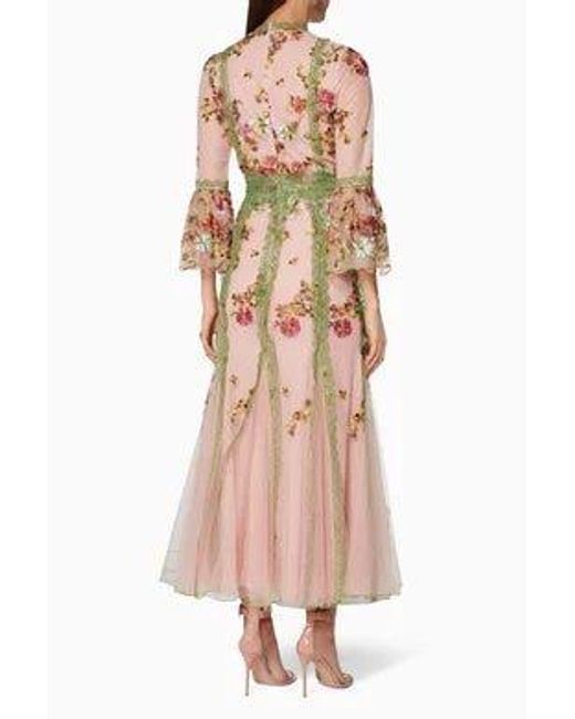 Costarellos Natural Lace-trimmed Embroidered Tulle Gown