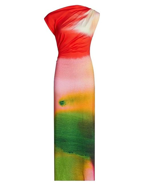 Oscar de la Renta Red Watercolor Print Draped Jersey Midi Dress