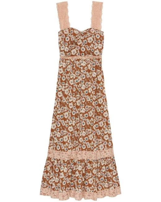 Gucci Natural Floral-print Lace-trimmed Twill Dress