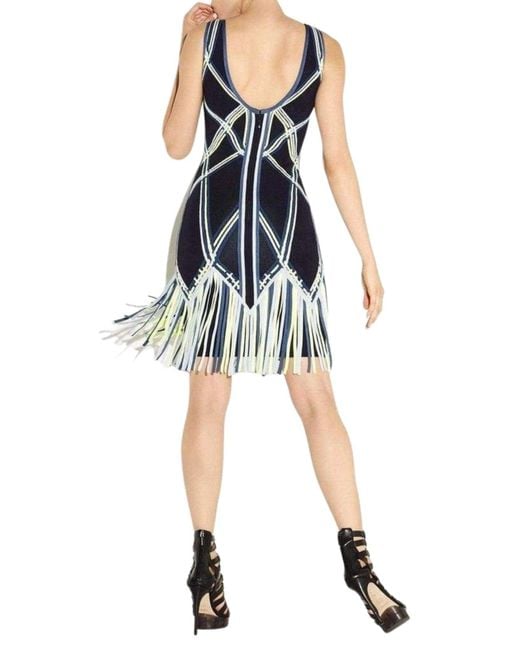 Hervé Léger Blue Charoletta Basket Weave Fringe Jacquard Dress