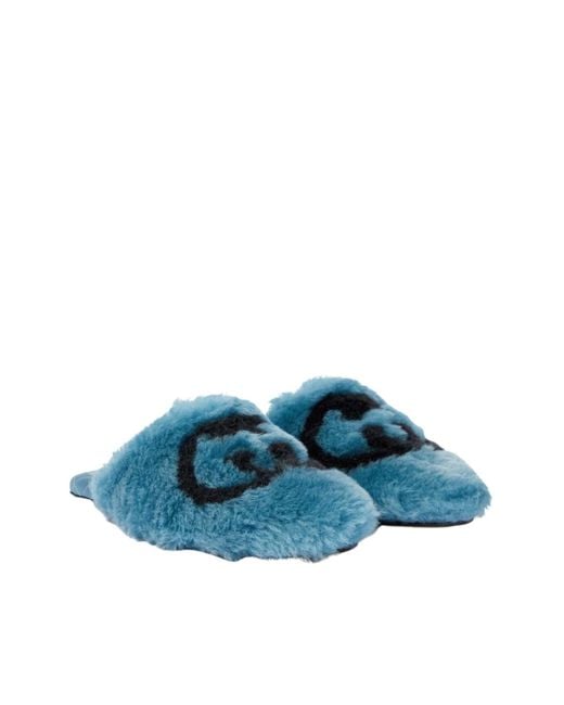 Gucci Interlocking G Faux Fur Slippers In Blue