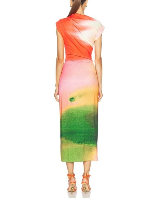 Oscar de la Renta Red Draped Watercolor-print Jersey Midi Dress