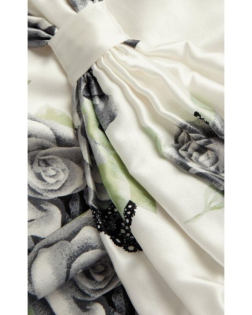 Alessandra Rich Gray Silk Satin Rose Print Midi Dress