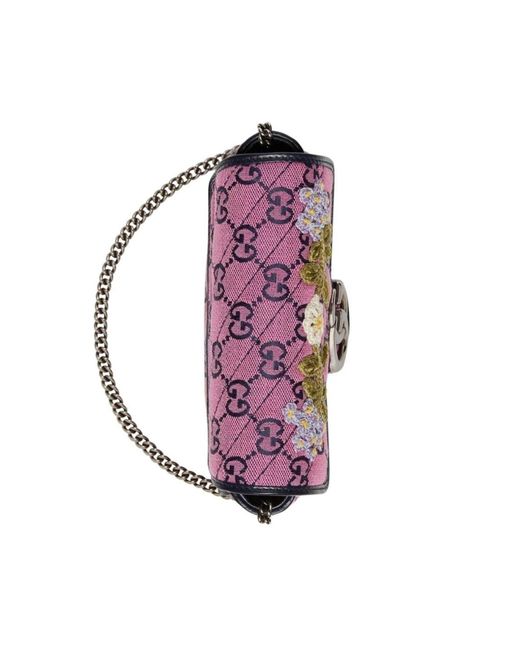 Gucci Purple GG Marmont Pink Embroidery Super Mini Bag