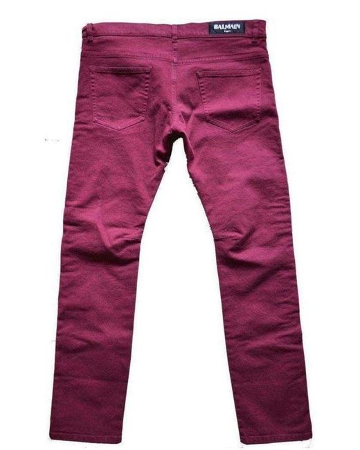 Balmain Burgundy Embroidered Trimming Slim Stretch Jeans for men