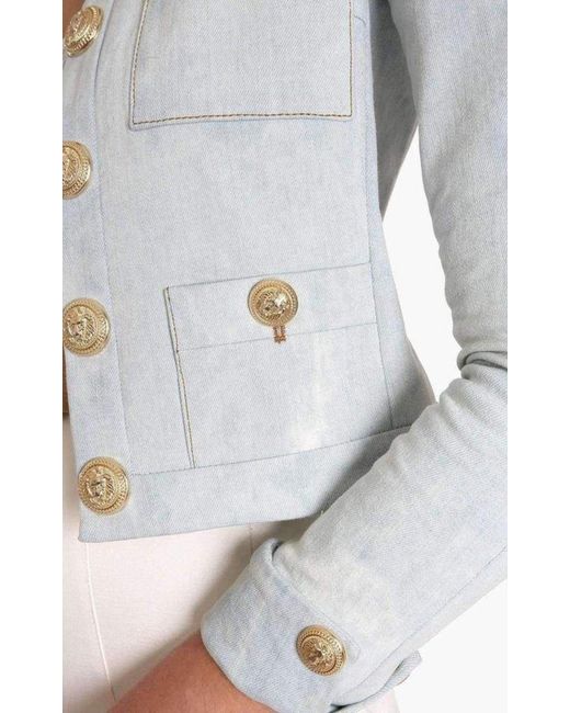 Balmain Blue Cropped Stretch Cotton Denim Blazer