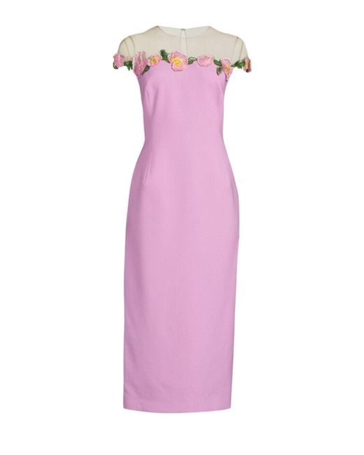Oscar de la Renta Purple Floral-embellished Sheath Midi Dress