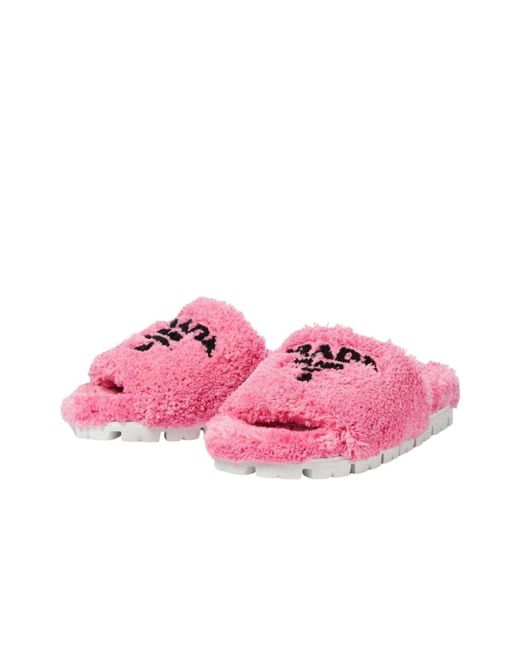 Prada Pink Logo-embroidered Faux Shearling Slides