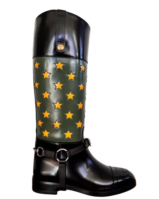 Gucci Black Abstract Art Pop Leather Riding Boot