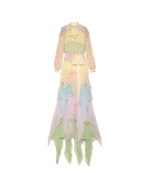 Gucci White Ruffled Silk Gown Embellished With Pearls & Rhinestones