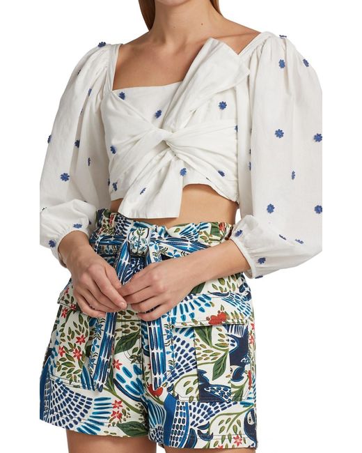 Farm Rio White Flower-embroidered Cotton Crop Top