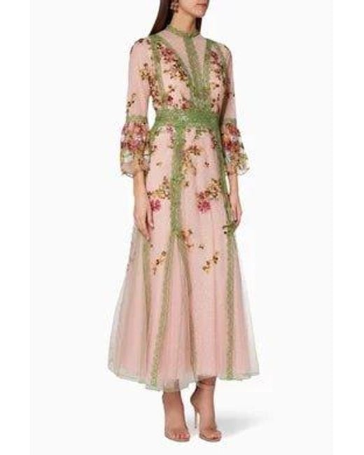 Costarellos Natural Lace-trimmed Embroidered Tulle Gown